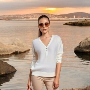 Ralph Lauren Womens Sweater White Cotton V Neck Half Button LRL Lightweight NWT